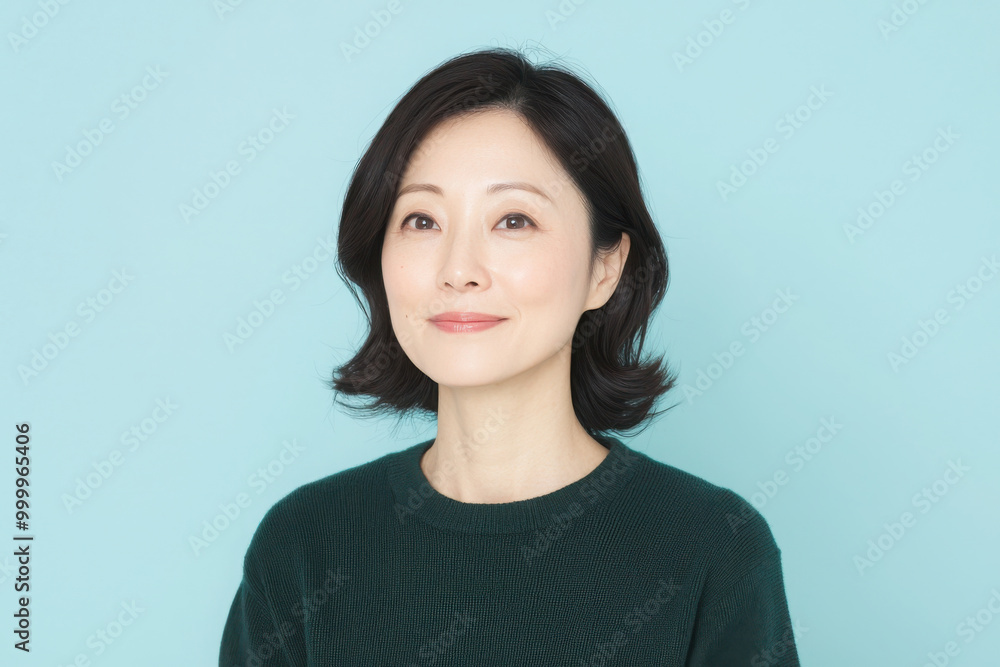 An Asian woman in her late thirties, wearing a dark green sweater, smiling brightly. An Asian woman in her late thirties, wearing a dark green sweater, smiling brightly.