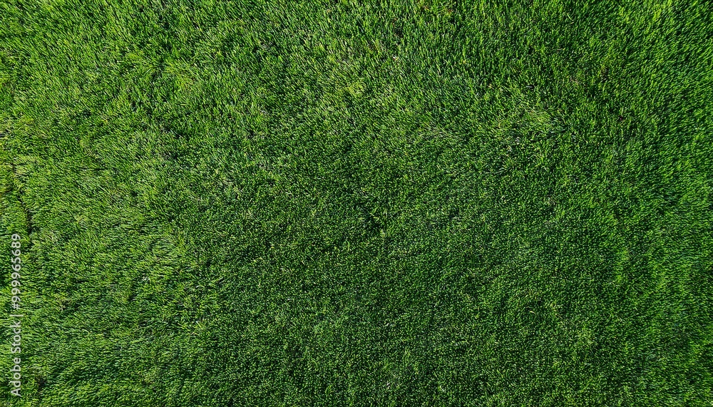 Fototapeta premium Green grass texture. Golf course view from above. The background is a lush football lawn. Artificial synthetic lawn for sports. green grass texture