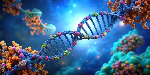 High angle view of RNA polymerase II transcribing DNA into RNA on a molecular level photo