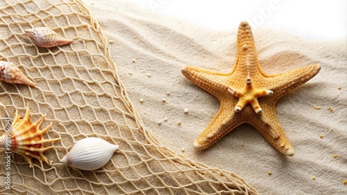 High angle view of sand starfish seashell on white background with fishing net photo