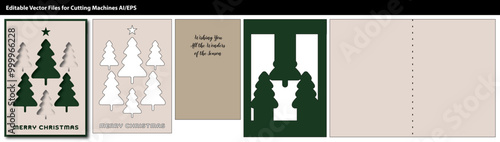 A minimalist Christmas card design featuring layered Christmas trees and a star with customizable text. Ideal for crafting unique Christmas cards or holiday invitations.