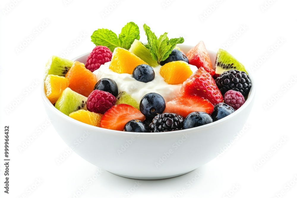 Bowl of fresh fruit salad and greek yogurt isolated on white background - generative ai Bowl of fresh fruit salad and greek yogurt isolated on white background - generative ai
