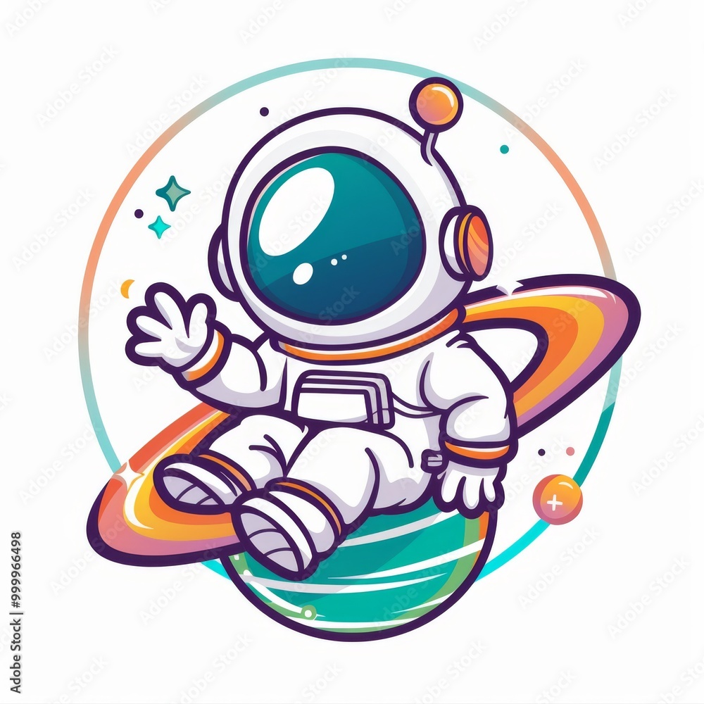 astronaut sitting on planet and waving hand cartoon icon illustration astronaut sitting on planet and waving hand cartoon icon illustration