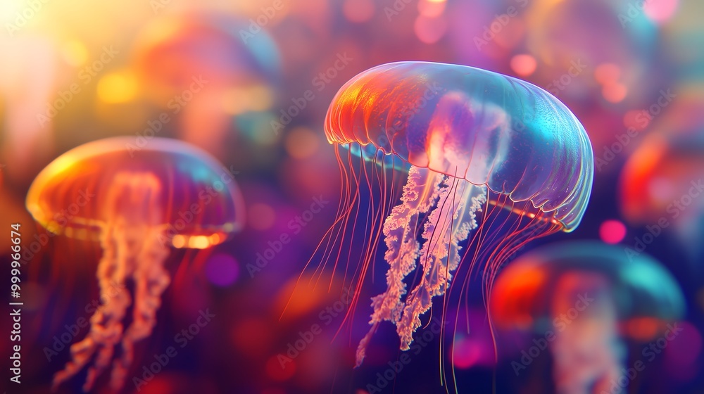 Colorful Jellyfish in Ethereal Underwater Scene Colorful Jellyfish in Ethereal Underwater Scene