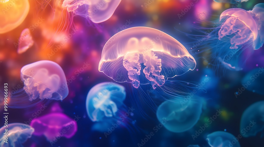 Colorful Jellyfish in a Vibrant Underwater Scene Colorful Jellyfish in a Vibrant Underwater Scene