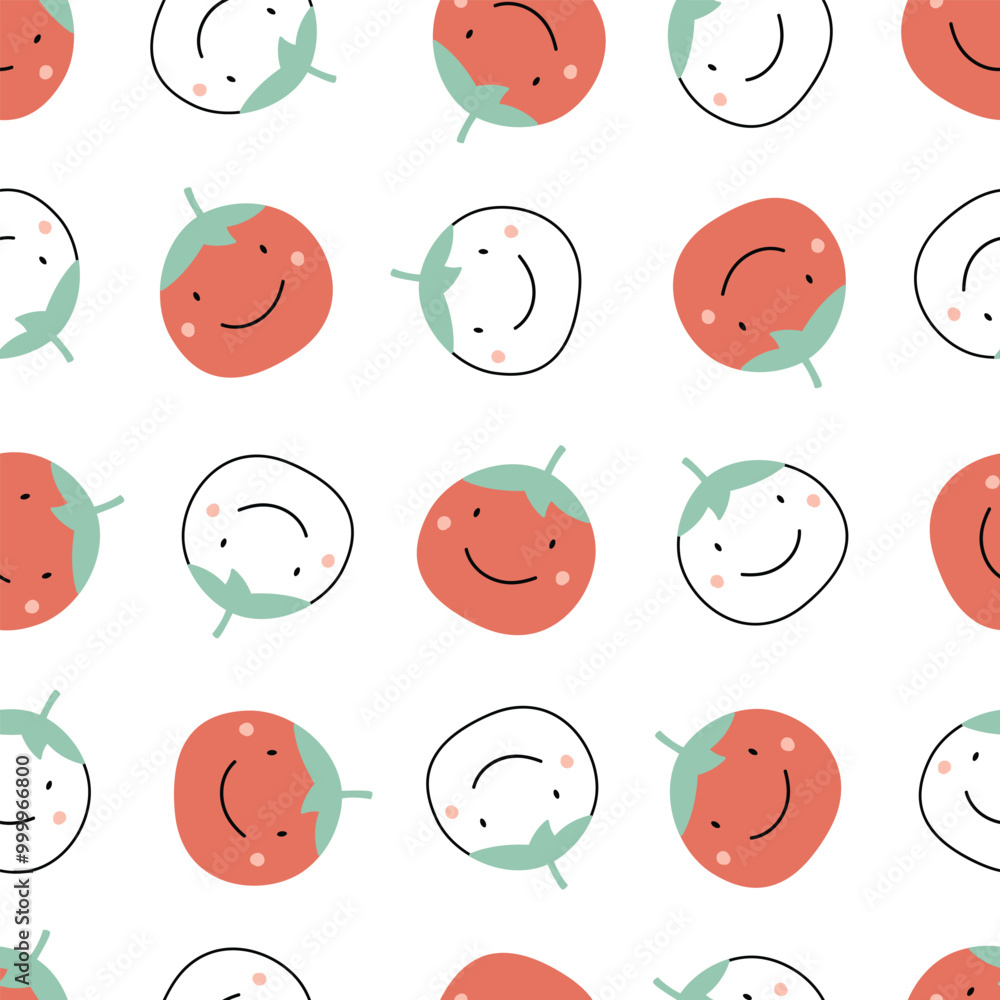 Fototapeta premium A playful pattern featuring smiling fruits—red tomatoes and white round fruits—set against a clean white background.