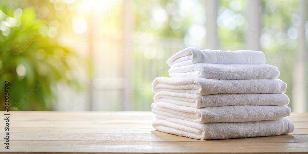 High angle view of stack of white towels on table with blurred background High angle view of stack of white towels on table with blurred background