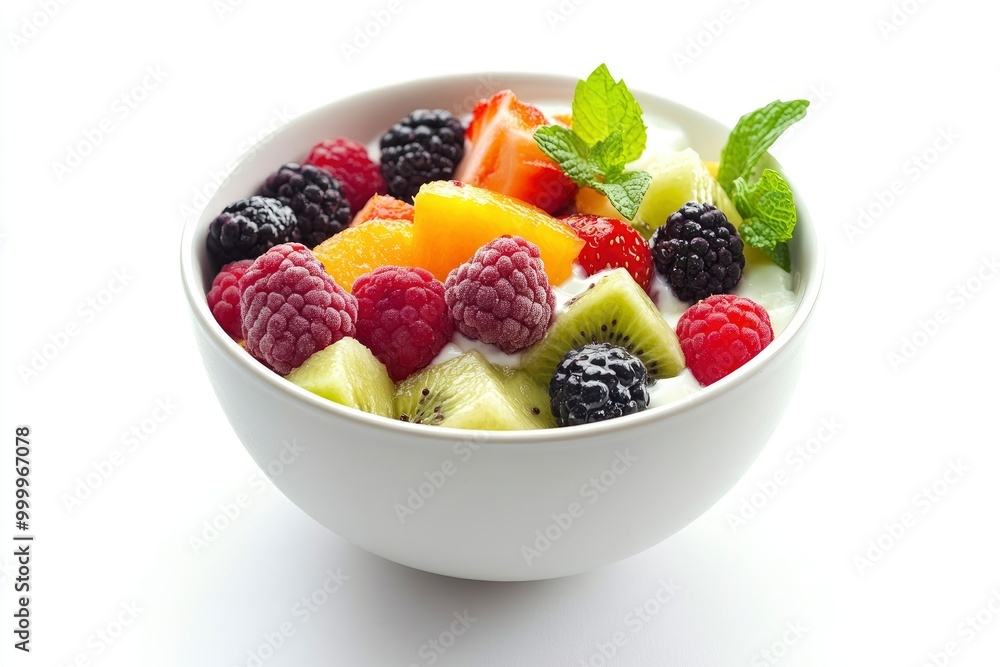 Bowl of fresh fruit salad and greek yogurt isolated on white background - generative ai Bowl of fresh fruit salad and greek yogurt isolated on white background - generative ai