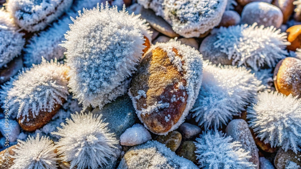 High angle view of stones covered in white hoarfrost, perfect for winter backgrounds