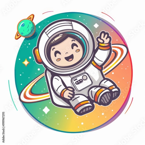 astronaut sitting on planet and waving hand cartoon icon illustration