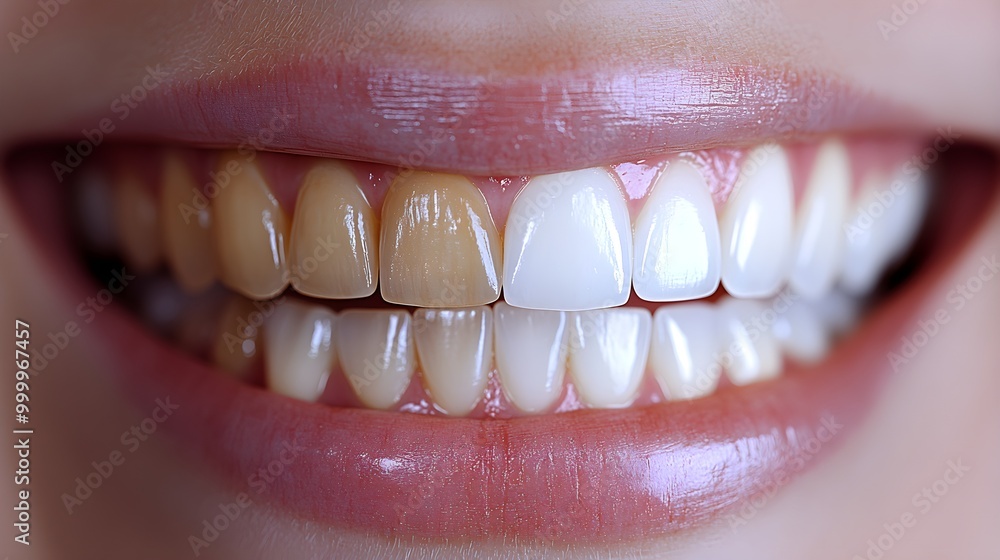 Fototapeta premium Split-screen image of teeth before and after whitening treatment, showing enhanced color and shine, Realistic Style, Soft Lighting, High Detail