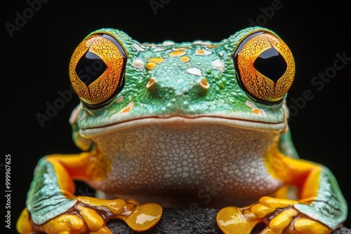 Closeup Head of Male Flying frog, Javan tree frog closeup image, rhacophorus reinwartii male closeup head on black background,generative ai photo