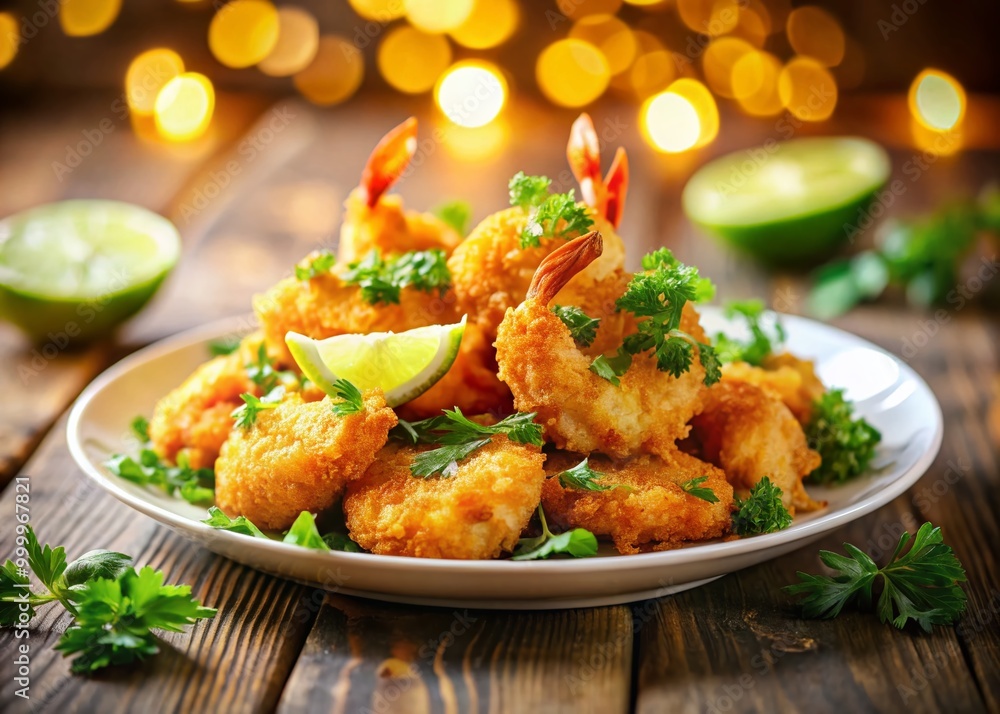 Crispy Fried Shrimp Served on a White Plate with Fresh Lemon and Garnish of Green Herbs Crispy Fried Shrimp Served on a White Plate with Fresh Lemon and Garnish of Green Herbs