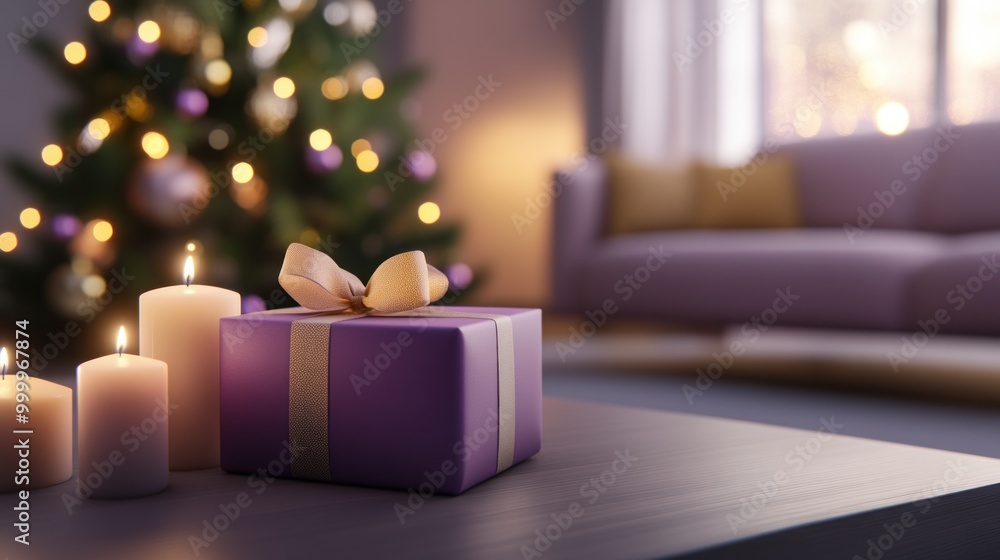 Gift box placed in a violet and golden-themed living room with scented candles and floating bubbles, soft sunlight shining in, celebrating Diwali, Indian festival tradition, Diwali gifts, home decor Gift box placed in a violet and golden-themed living room with scented candles and floating bubbles, soft sunlight shining in, celebrating Diwali, Indian festival tradition, Diwali gifts, home decor