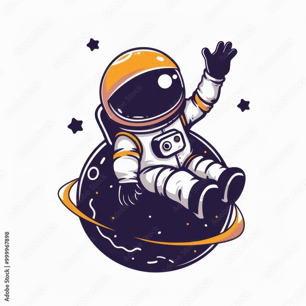Naklejka premium astronaut sitting on planet and waving hand cartoon icon illustration