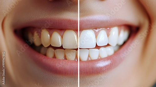 Split-screen image of teeth before and after whitening treatment, showing enhanced color and shine, Realistic Style, Soft Lighting, High Detail