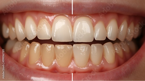 Before teeth whitening  yellowed, dull teeth, and after  shining, perfectly white teeth showcasing the treatment's effectiveness photo