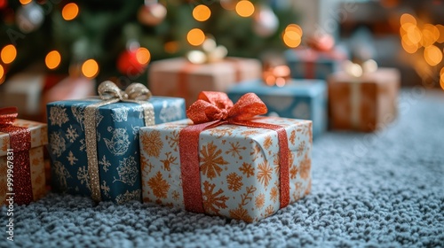 Beautifully wrapped gift boxes with festive patterns placed diagonally on a soft gray carpet, highlighting the joy of Diwali celebration, Indian culture, gifts, Diwali, festival, decor photo