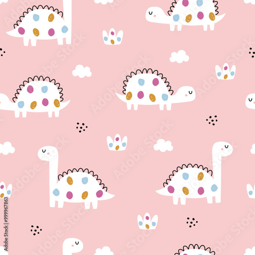 A whimsical pattern featuring colorful dinosaurs and clouds on a soft pink background, perfect for children's decor or playful design themes.