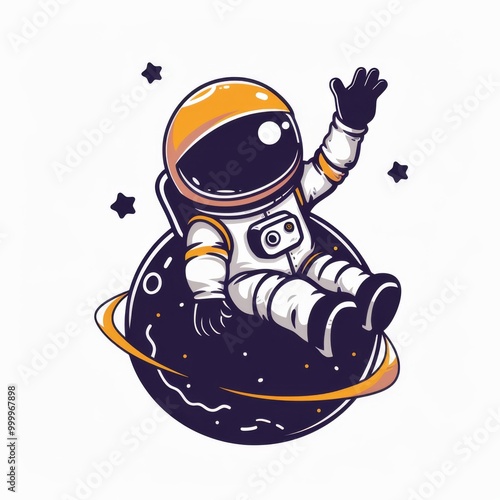 astronaut sitting on planet and waving hand cartoon icon illustration