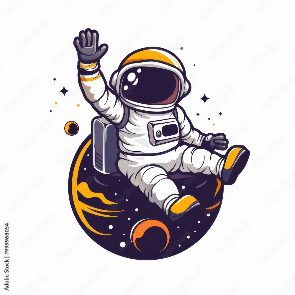 astronaut sitting on planet and waving hand cartoon icon illustration astronaut sitting on planet and waving hand cartoon icon illustration