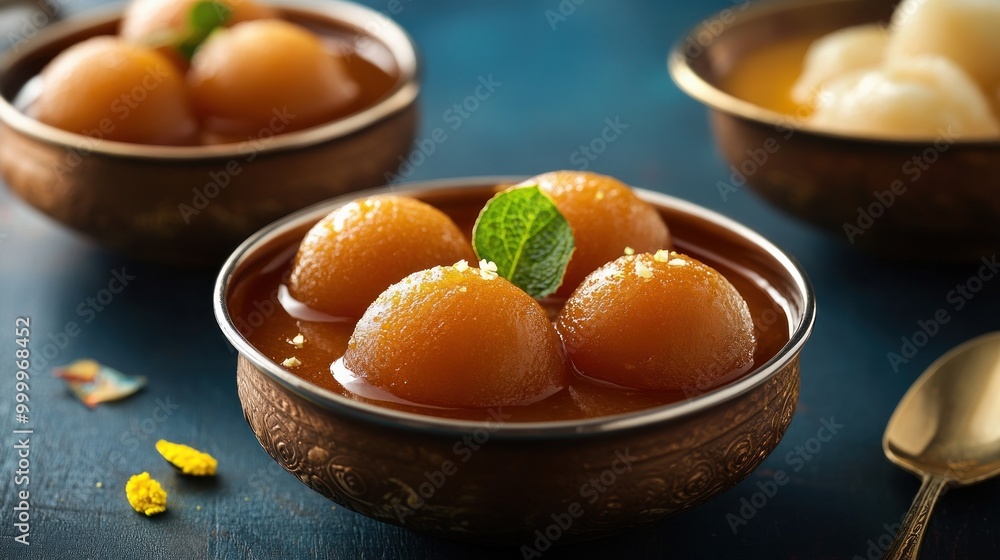 Gulab jamun and rasgulla bowls on a pleasant blue festive background, showcasing the richness of Indian sweets, inviting and delightful for celebrations, Diwali, gulab jamun, rasgulla Gulab jamun and rasgulla bowls on a pleasant blue festive background, showcasing the richness of Indian sweets, inviting and delightful for celebrations, Diwali, gulab jamun, rasgulla