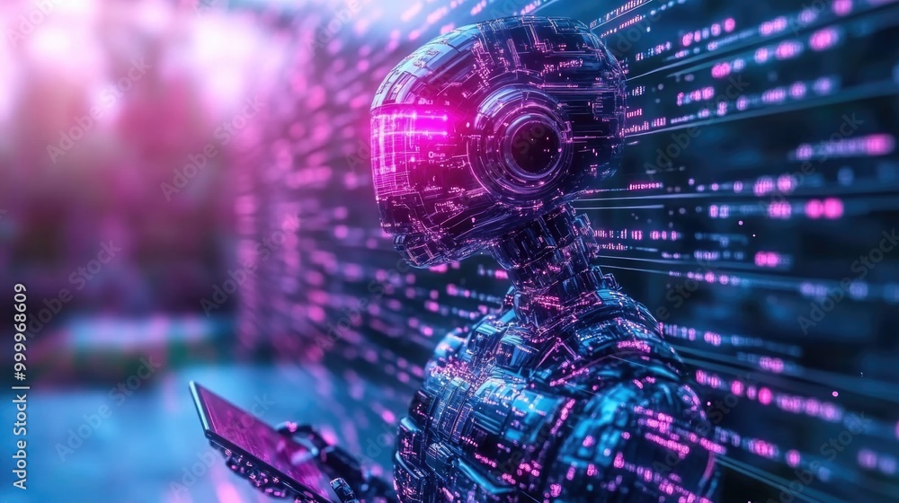 Futuristic ai robot analyzing digital data in a neon cyber environment Futuristic ai robot analyzing digital data in a neon cyber environment