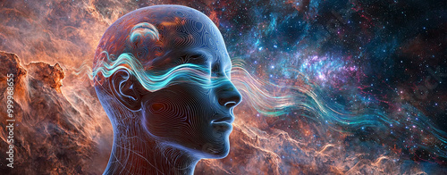 Wallpaper Mural image features AI generated human head surrounded by cosmic background, with flowing lines representing sound waves. This surreal depiction evokes sense of connection between mind and universe, Torontodigital.ca