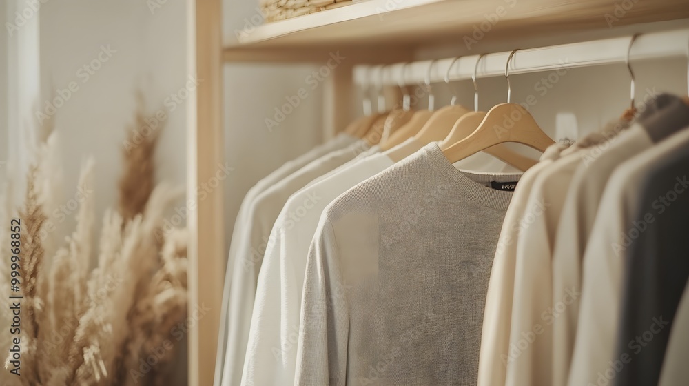 Gray shirts hanging on a sleek clothing rack in a minimalist, neutral-toned boutique, sophisticated and understated style Gray shirts hanging on a sleek clothing rack in a minimalist, neutral-toned boutique, sophisticated and understated style