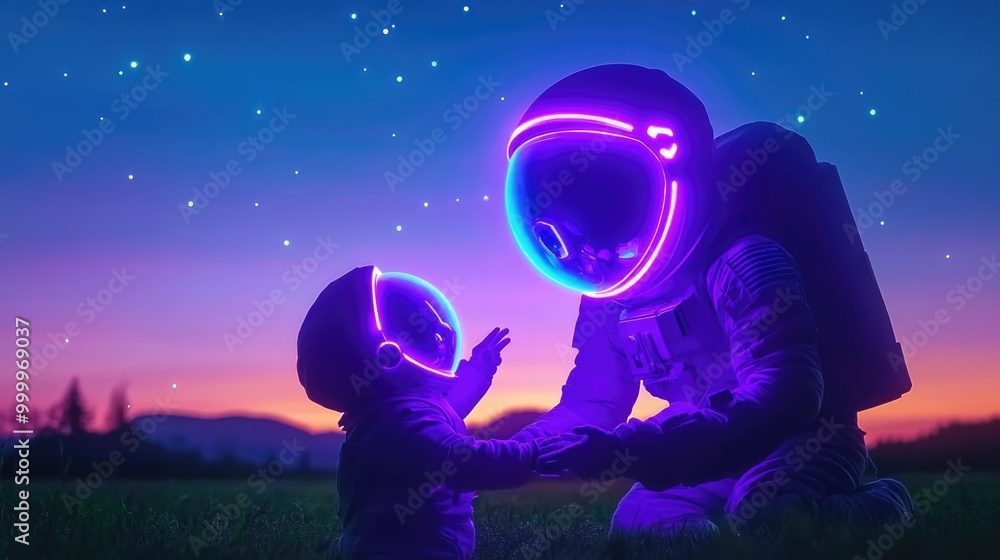Obraz premium Father and child astronauts under a starry neon sky at dusk