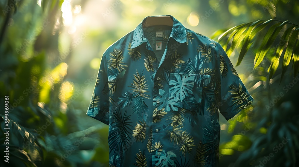 Green shirt with a leaf pattern, eco-friendly fabric, in a peaceful forest, surrounded by lush greenery, sunlight filtering through trees, realism, soft lighting. Green shirt with a leaf pattern, eco-friendly fabric, in a peaceful forest, surrounded by lush greenery, sunlight filtering through trees, realism, soft lighting.