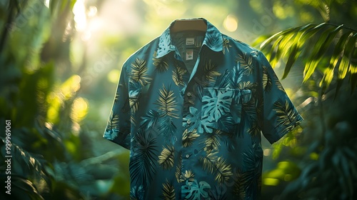 Green shirt with a leaf pattern, eco-friendly fabric, in a peaceful forest, surrounded by lush greenery, sunlight filtering through trees, realism, soft lighting. photo