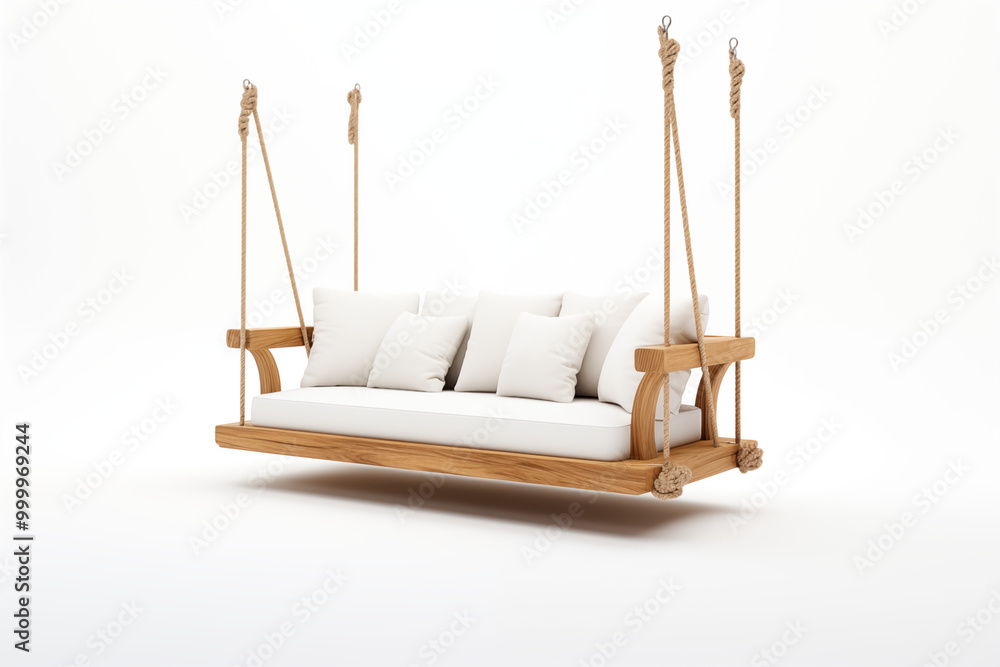 white swing sofa with no embellishments, suspended by thin, nearly invisible metal chains. The background is a blank white space, with the focus entirely on elegant simplicity of sofa’s clean lines white swing sofa with no embellishments, suspended by thin, nearly invisible metal chains. The background is a blank white space, with the focus entirely on elegant simplicity of sofa’s clean lines