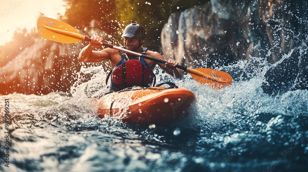 Fototapeta premium A man kayaks down a river,