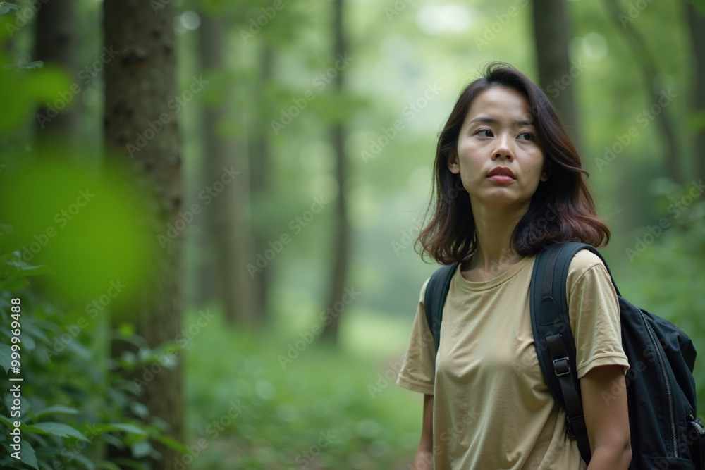 person traveler standing at the deep jungle tree, generative AI person traveler standing at the deep jungle tree, generative AI