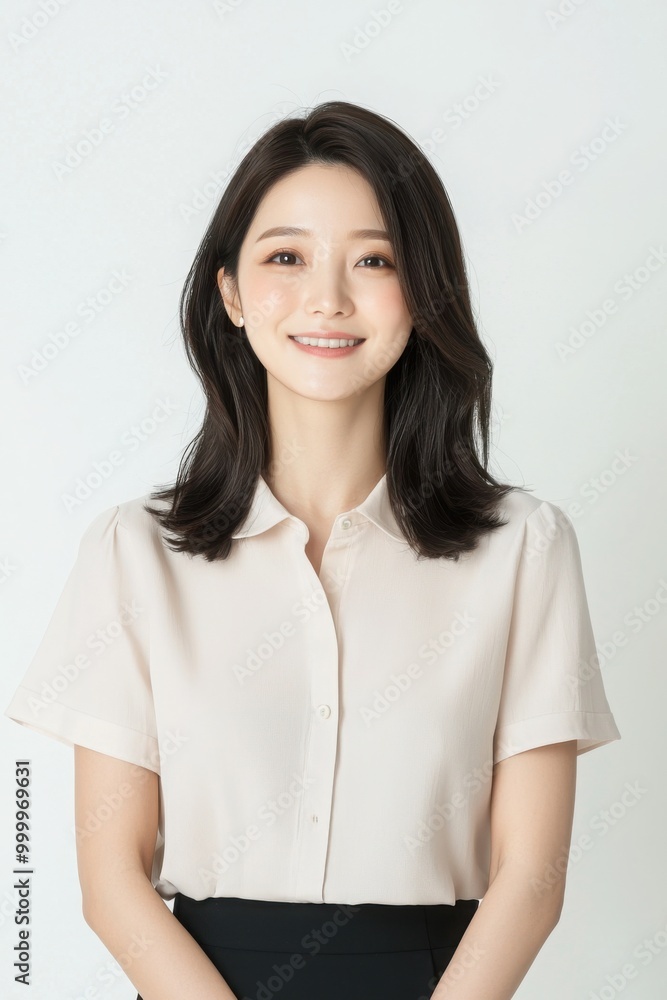Photo of Asian woman in short sleeve shirt smiling and looking at something emotional on white background. Photo of Asian woman in short sleeve shirt smiling and looking at something emotional on white background.