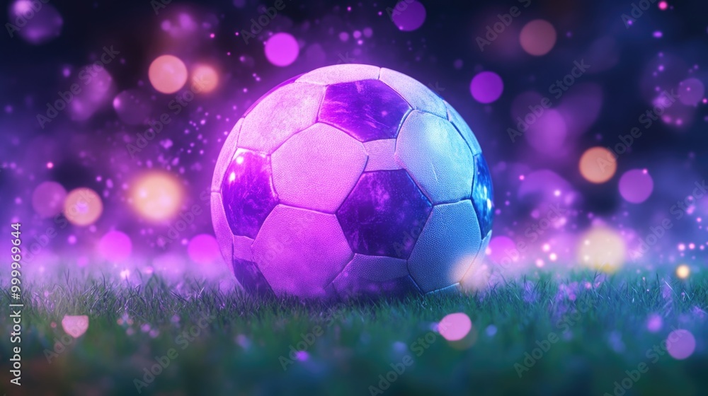 Fototapeta premium Vibrant soccer ball on grass with colorful bokeh lights at night