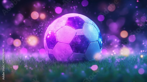 Vibrant soccer ball on grass with colorful bokeh lights at night