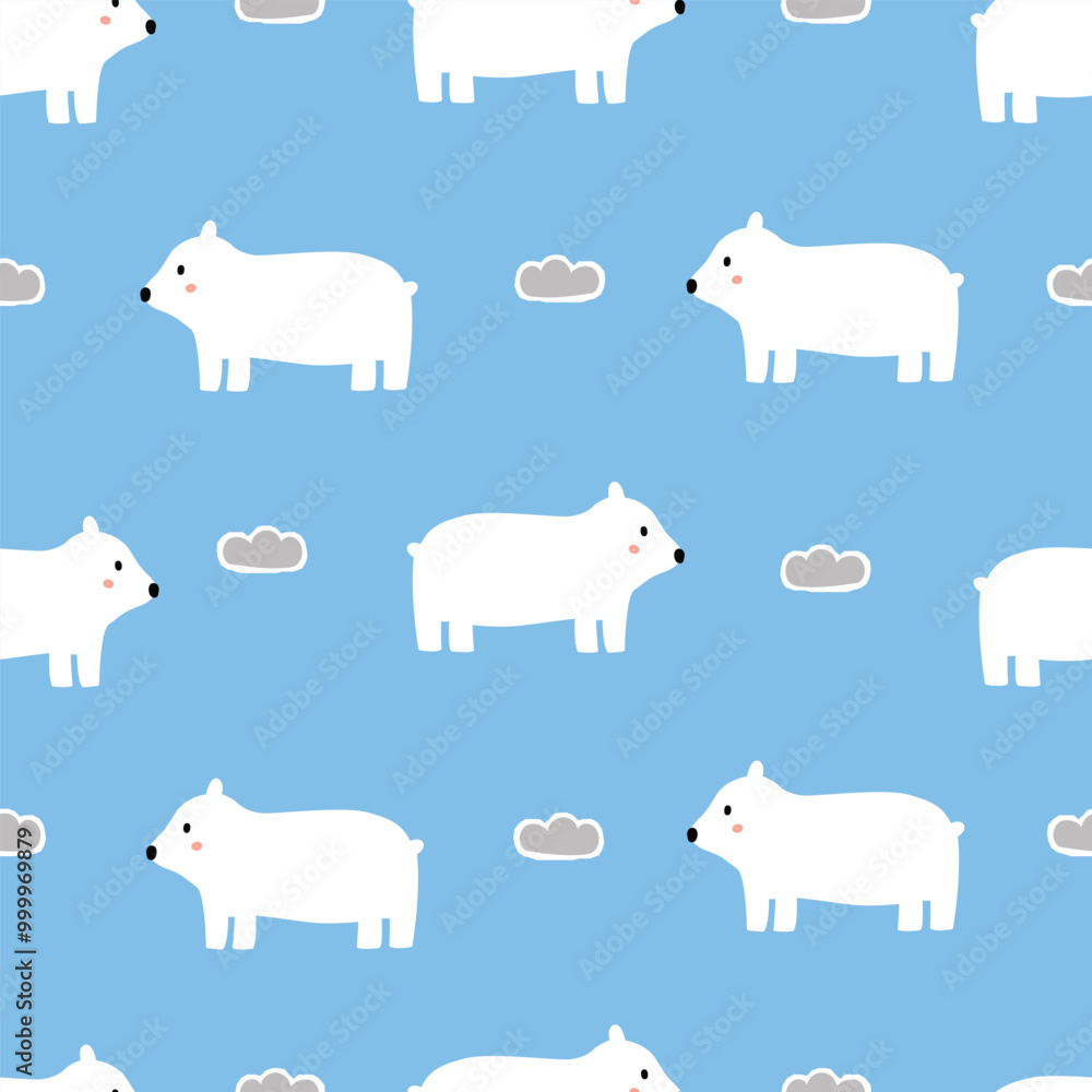 A playful pattern featuring cartoonish white bears against a light blue background, complemented by fluffy clouds. A playful pattern featuring cartoonish white bears against a light blue background, complemented by fluffy clouds.