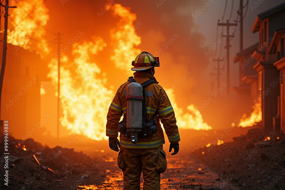 fireman with protective outfit and hose working at fire event, generative AI fireman with protective outfit and hose working at fire event, generative AI