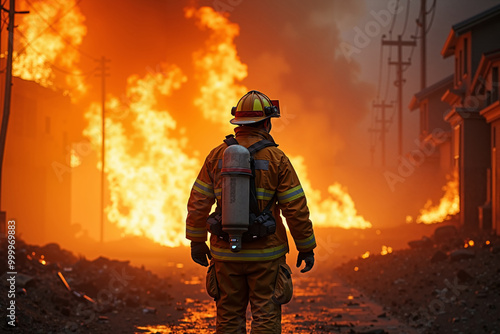 fireman with protective outfit and hose working at fire event, generative AI