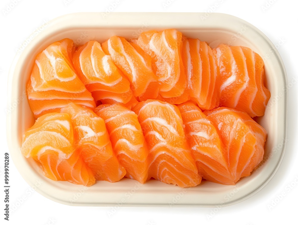 Sliced raw salmon in a white oval dish isolated on a white background. Sliced raw salmon in a white oval dish isolated on a white background.