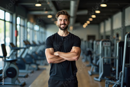 person professional body trainer smile and standing at gym, generative AI