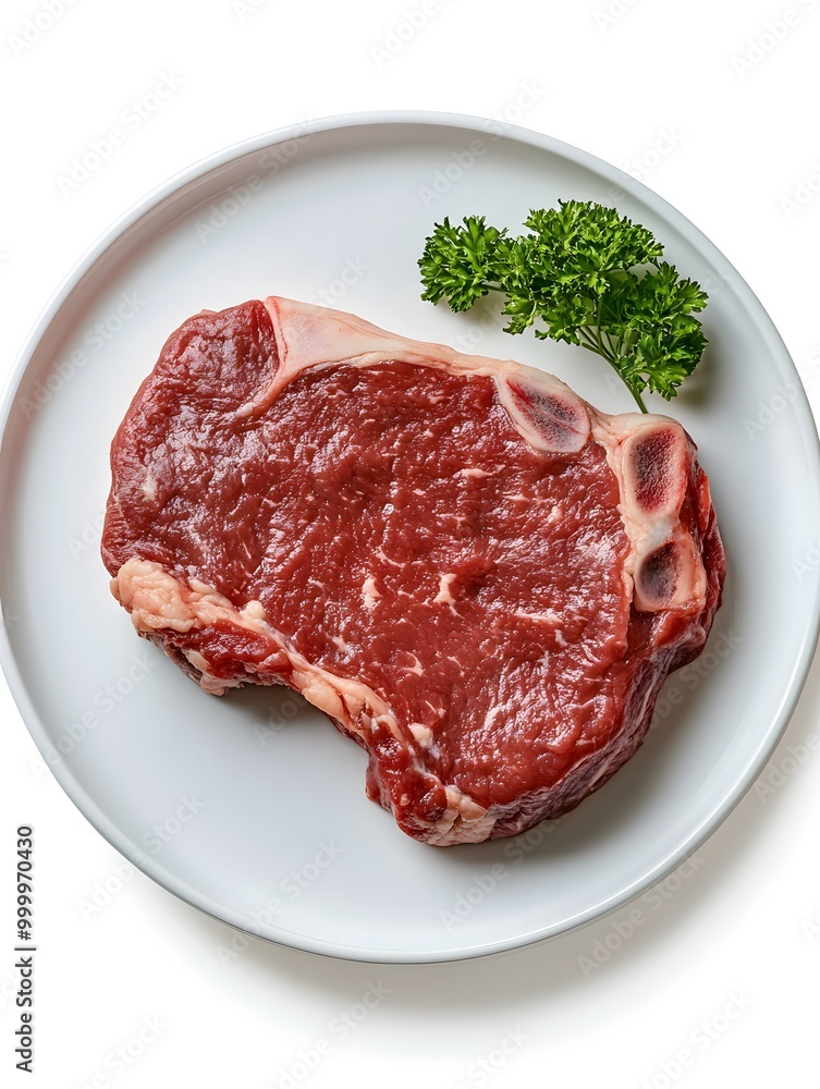 A single raw beef steak on a white plate, garnished with parsley.
