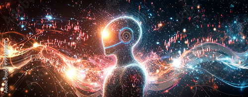 abstract AI figure illuminated by vibrant colors, surrounded by dynamic patterns and cosmic elements, evokes sense of futuristic technology and creativity