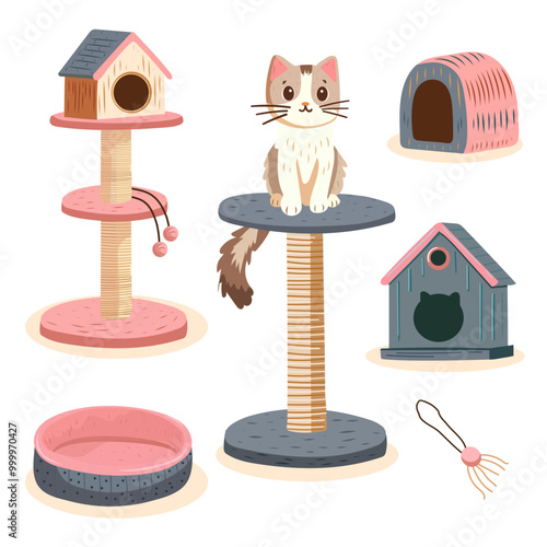 Set of toys for cats. Scratching post, bed and house for cats. Tree, swing for cat. Accessories for sleeping and playing pets. Flat vector illustration