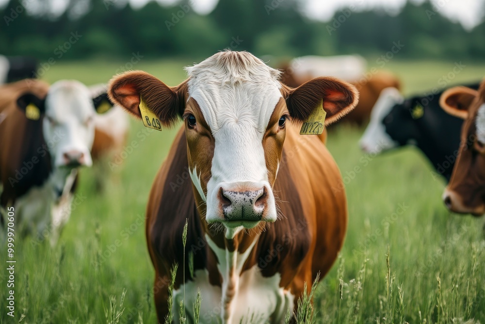 Cows are grazing on a meadow. Cattle cow pasture in a green field. Dairy cattle at pasture on hill in rural. Cattle Breed pasture on grass field. Cow is looking at camera. generative ai Cows are grazing on a meadow. Cattle cow pasture in a green field. Dairy cattle at pasture on hill in rural. Cattle Breed pasture on grass field. Cow is looking at camera. generative ai