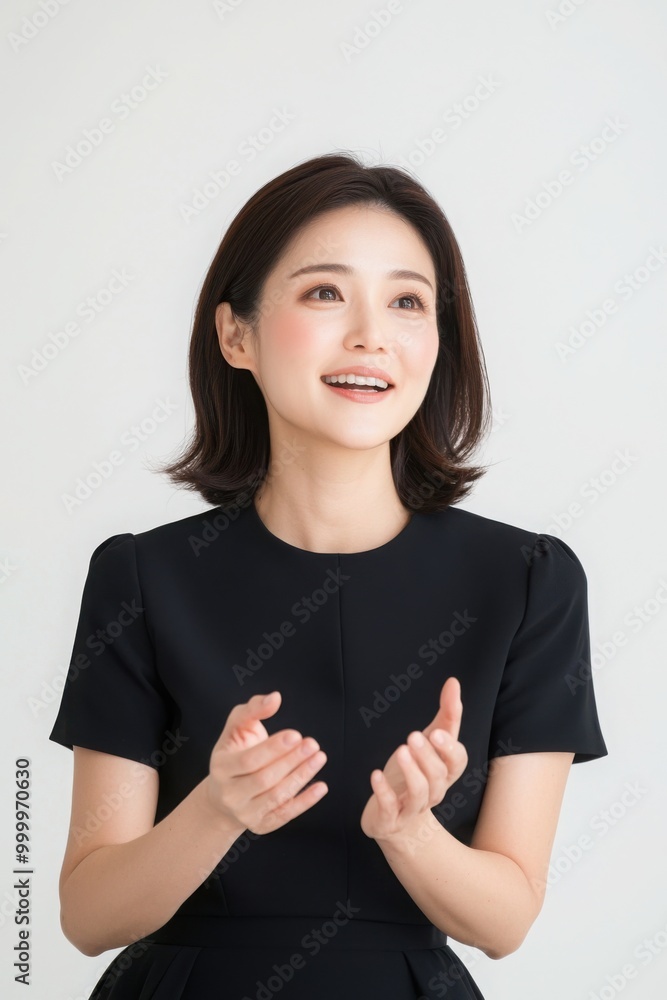 Photo of an Asian woman wearing a casual suit, gesturing with her hands to express her emotions, against a white background. Photo of an Asian woman wearing a casual suit, gesturing with her hands to express her emotions, against a white background.
