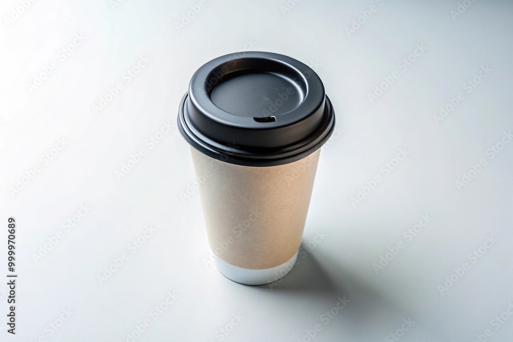 High angle view of white paper coffee cup with black lid floating in air High angle view of white paper coffee cup with black lid floating in air