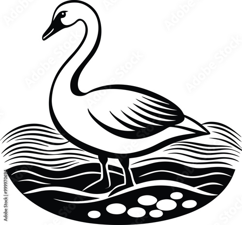 Swan Standing by a Pebbled Beach Vector Illustration for Kids to Color
